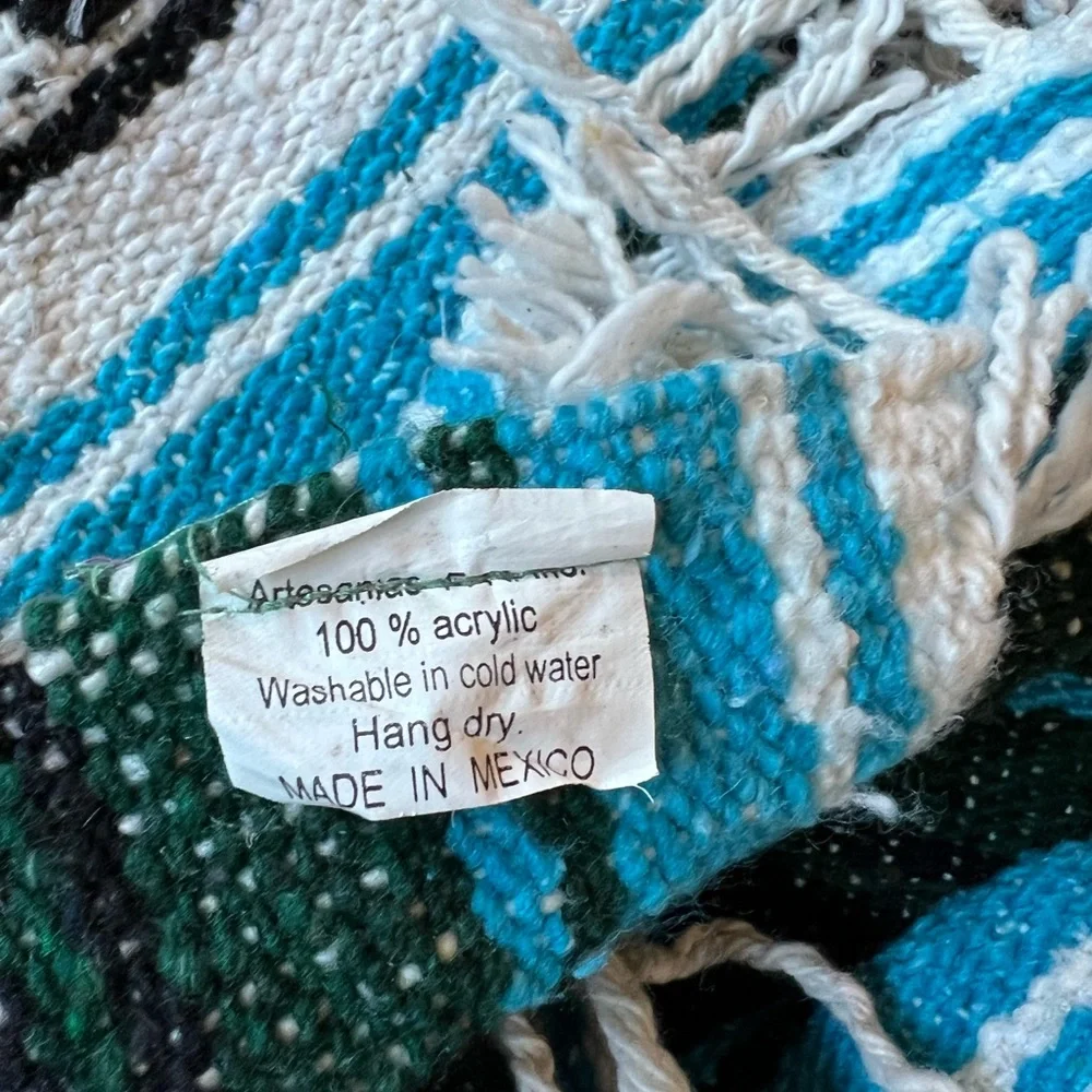 Authentic Mexican Falsa Blanket Turquoise Green Boho Yoga Picnic Throw